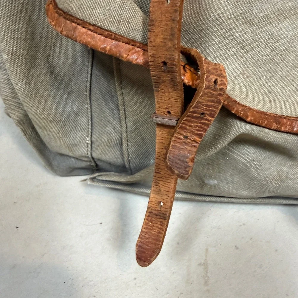 Vintage 50s Military Canvas Rucksack Leather Trim Backpack Olive Drab Norway